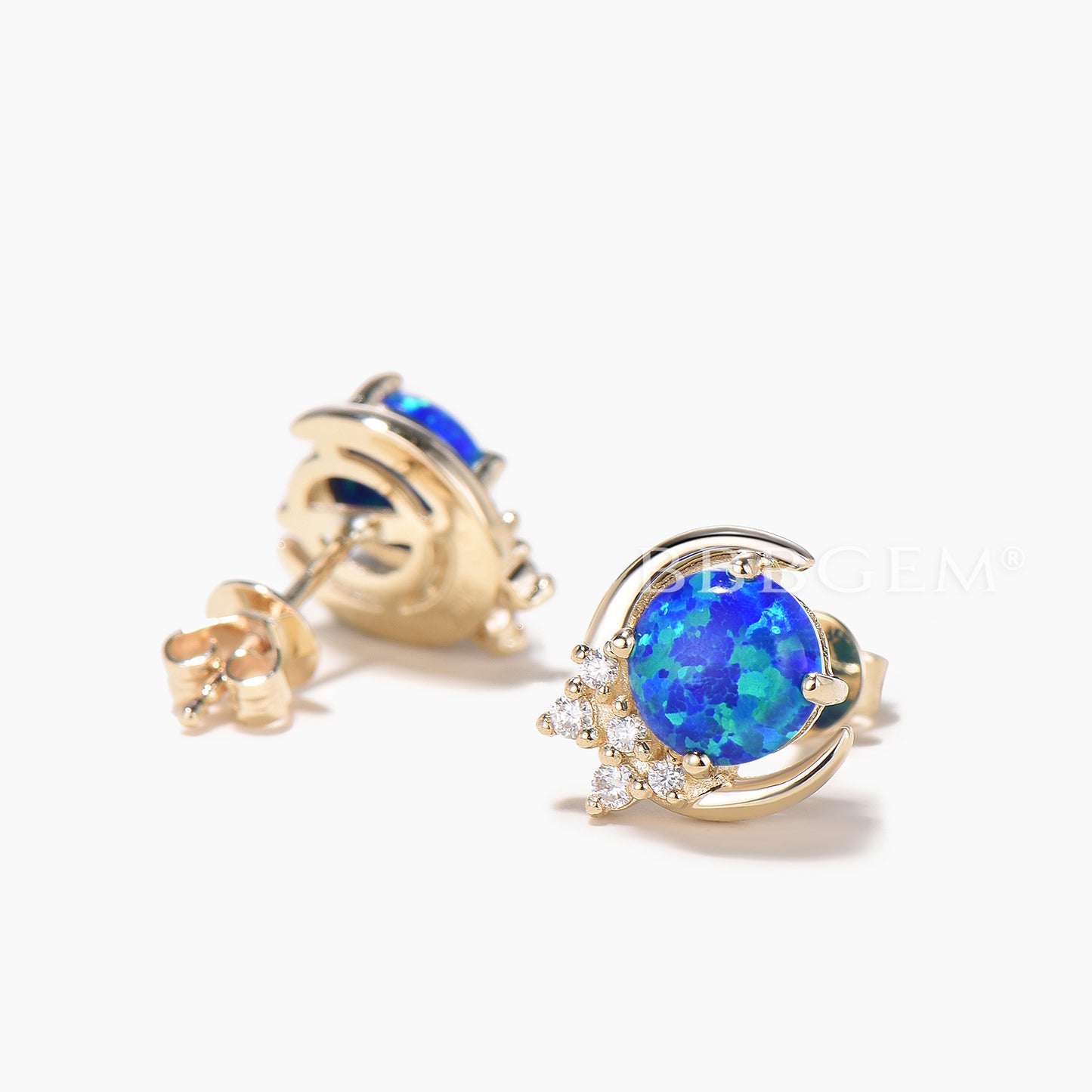Round Cut Black Opal Moon Stud Earrings Diamond Yellow Gold Wedding Earrings