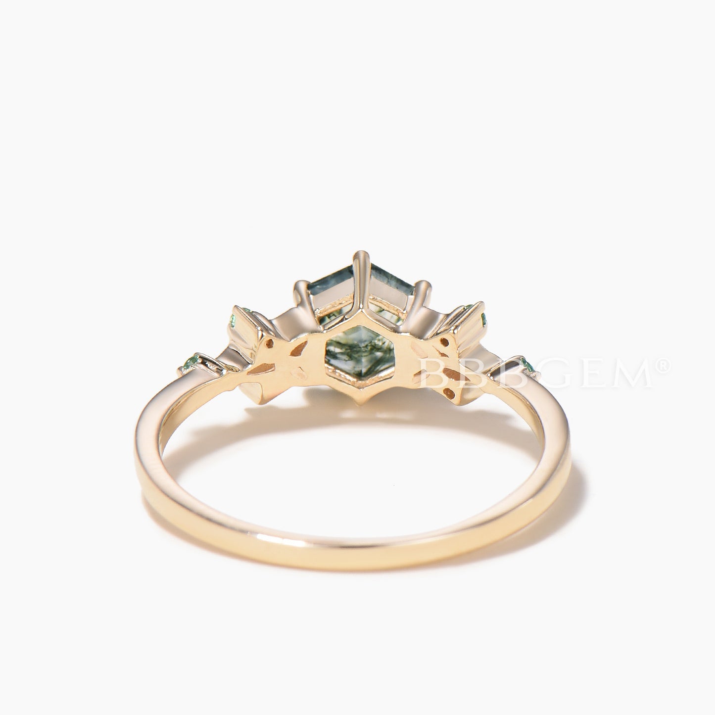 Hexagon Cut Natural Moss Agate Engagement Ring Emerald Celtic Knot Ring