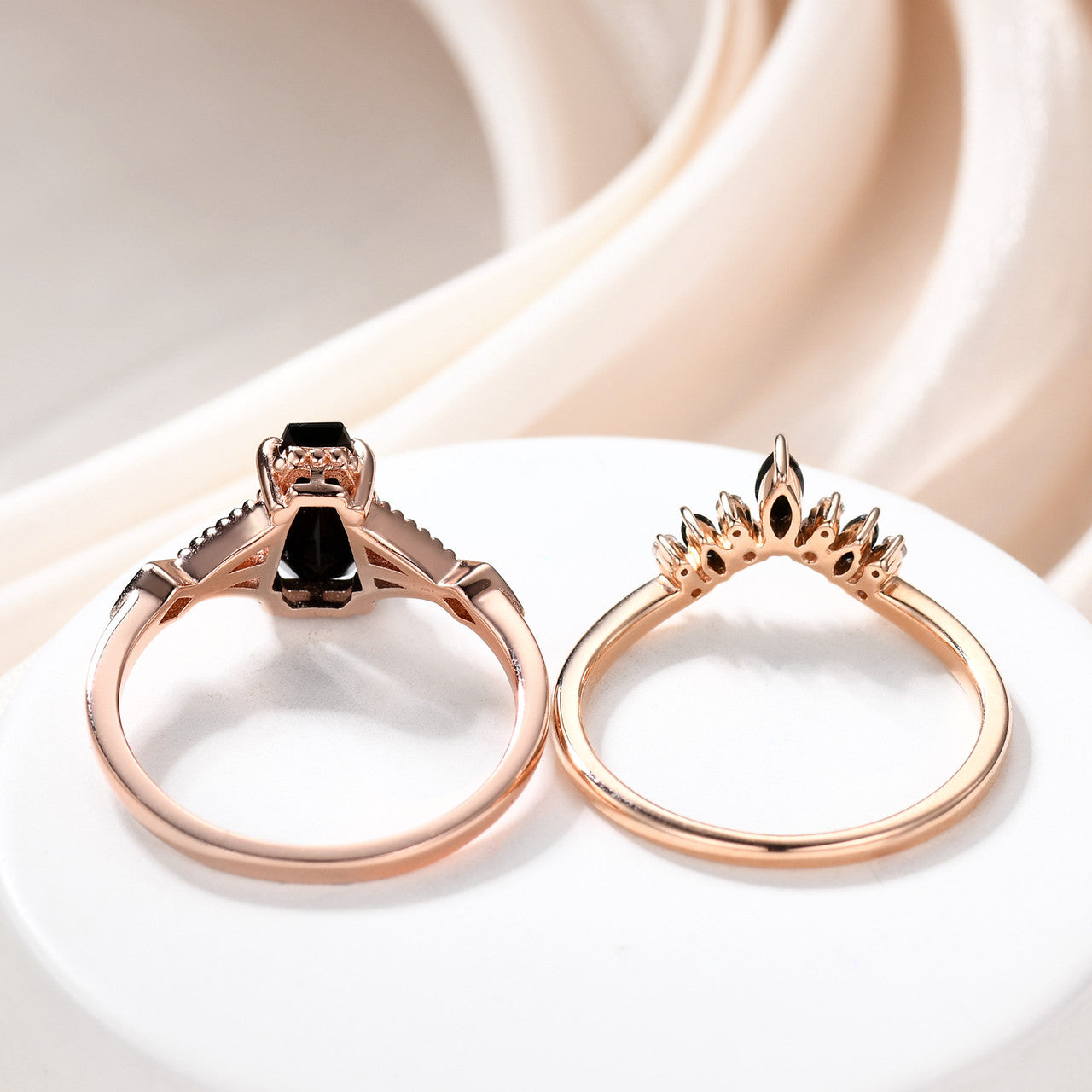 14k gold onyx ring set- Black onyx coffin ring-Black Spinel and Diamond Wedding Ring Set