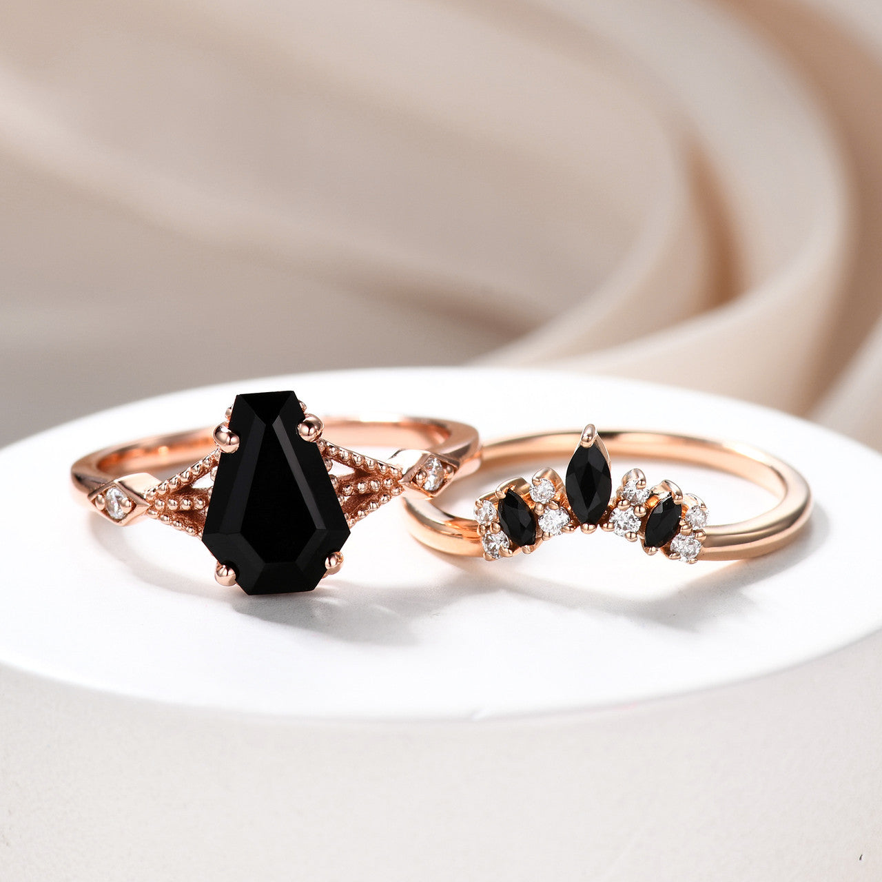 14k gold onyx ring set- Black onyx coffin ring-Black Spinel and Diamond Wedding Ring Set