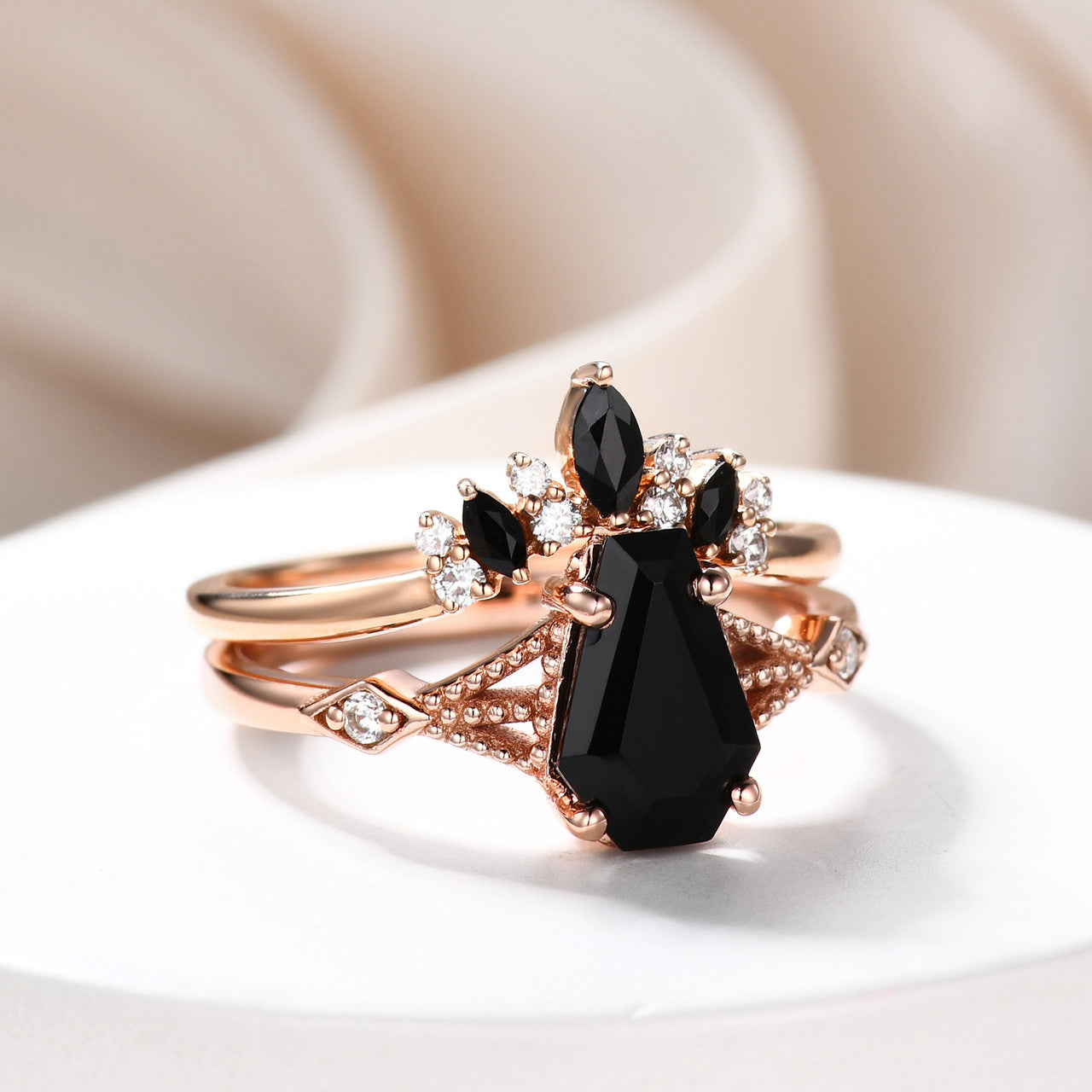 14k gold onyx ring set- Black onyx coffin ring-Black Spinel and Diamond Wedding Ring Set
