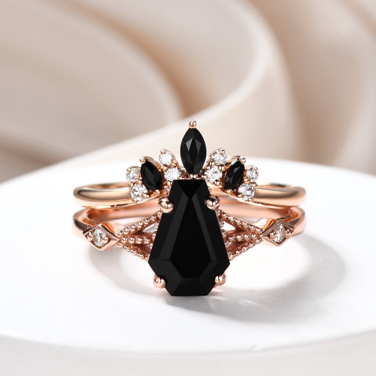 14k gold onyx ring set- Black onyx coffin ring-Black Spinel and Diamond Wedding Ring Set