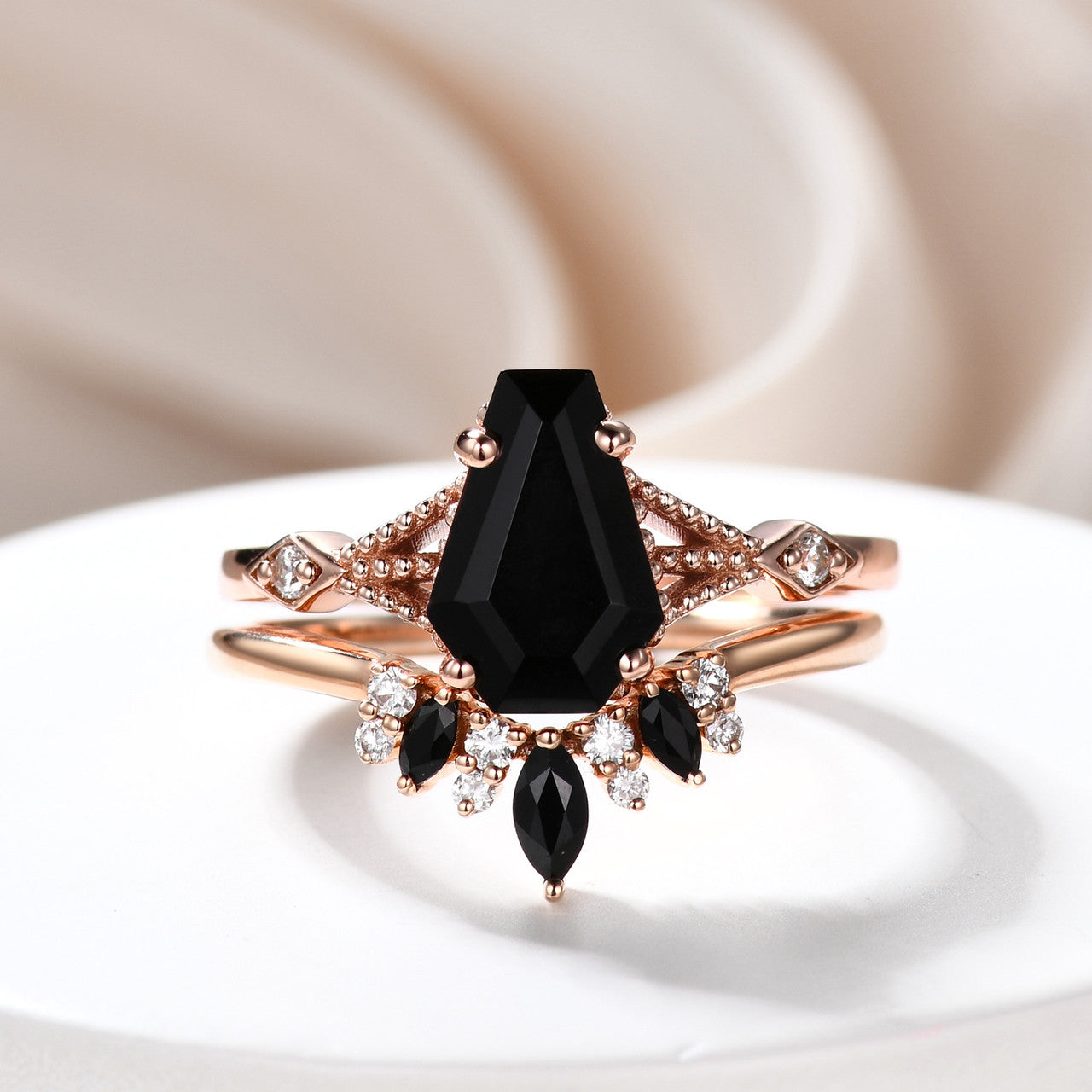 14k gold onyx ring set- Black onyx coffin ring-Black Spinel and Diamond Wedding Ring Set