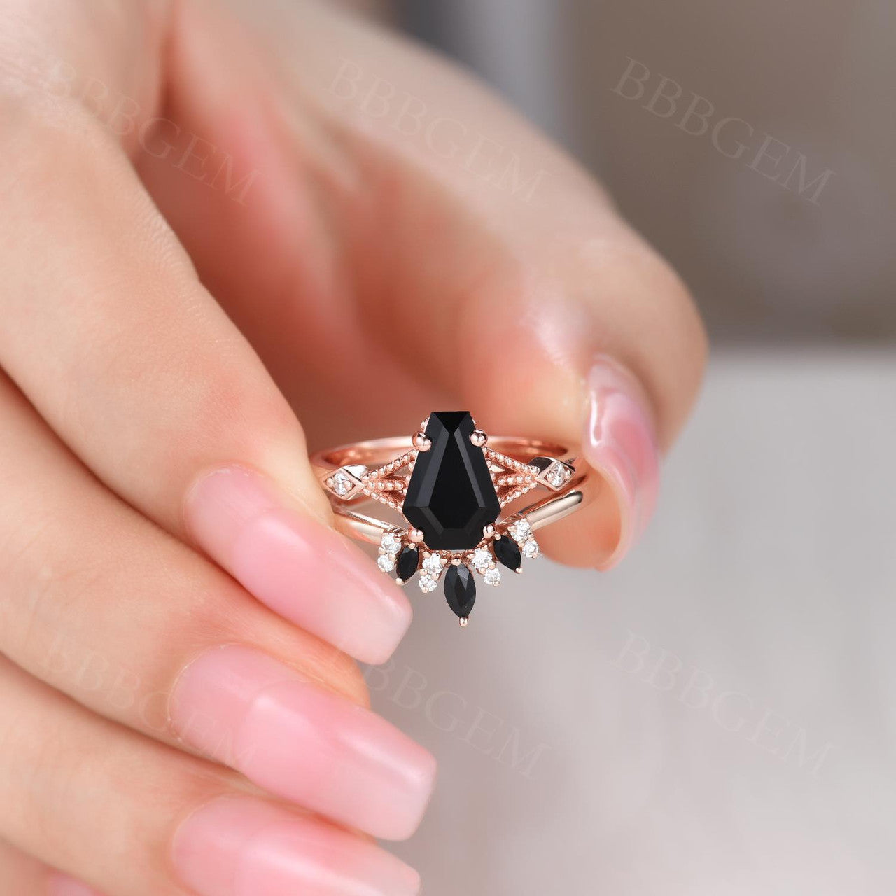 14k gold onyx ring set- Black onyx coffin ring-Black Spinel and Diamond Wedding Ring Set