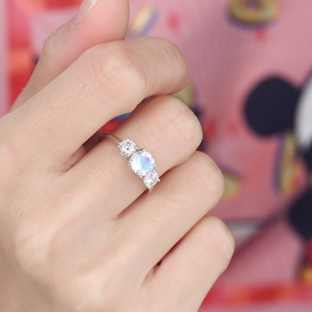 14k white gold rng-3 stone moonstone moissanite engagement ring-three stone moonstone wedding ring-bbbgem women moonstone jewelry