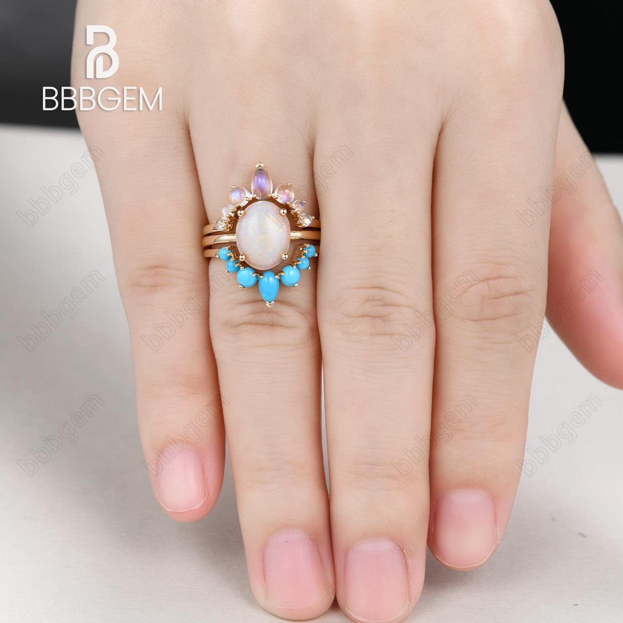 3pcs Vintage Opal Engagement Ring Bridal Set with Moonstone And Turquoise Matching Band