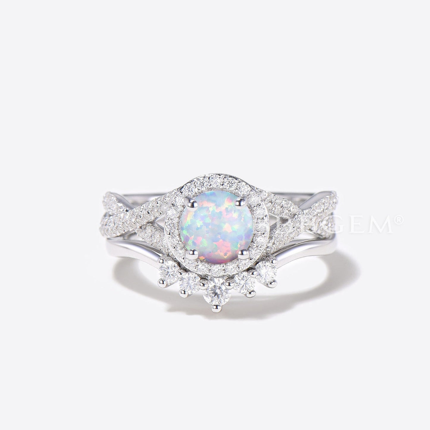 Vintage Opal Engagement Ring Set for Women Halo Diamond/Moissanite Wedding Ring White Gold