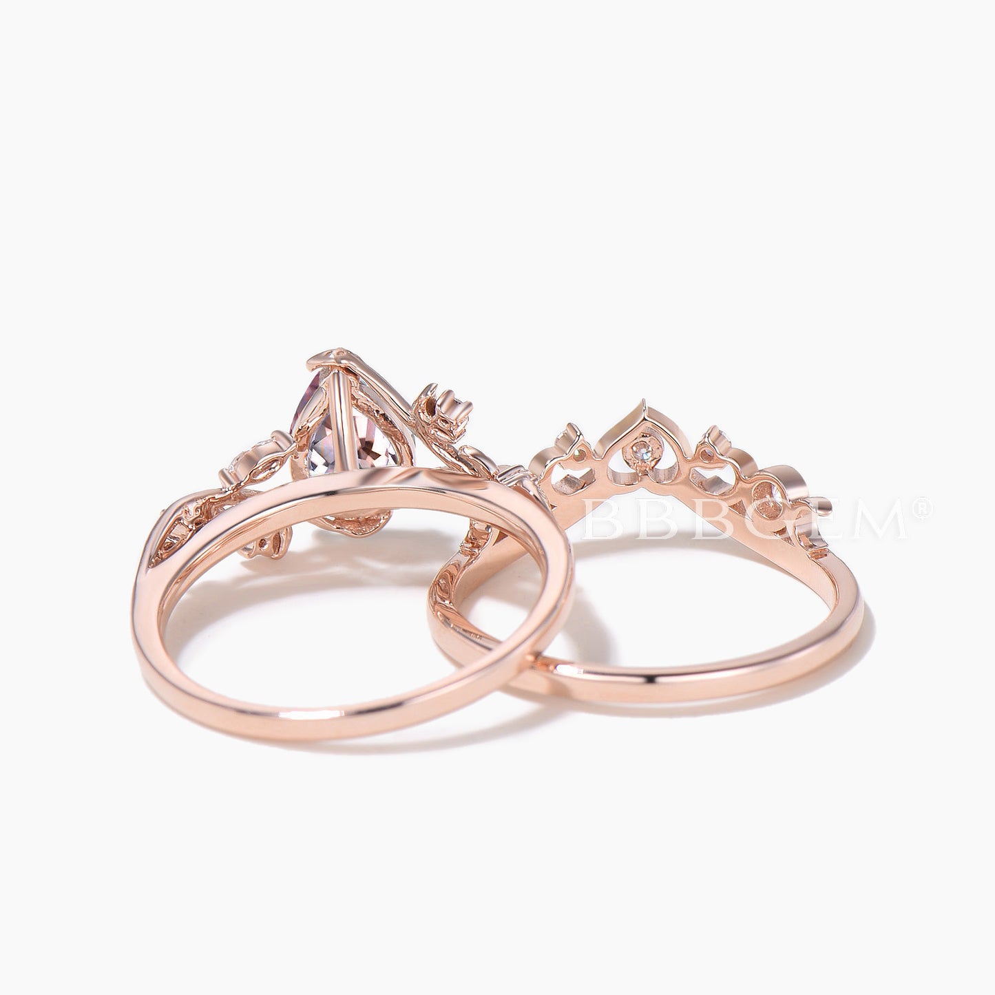 Pear Cut Natural Morganite Inspired Ring Bridal Set Diamond Moon Band