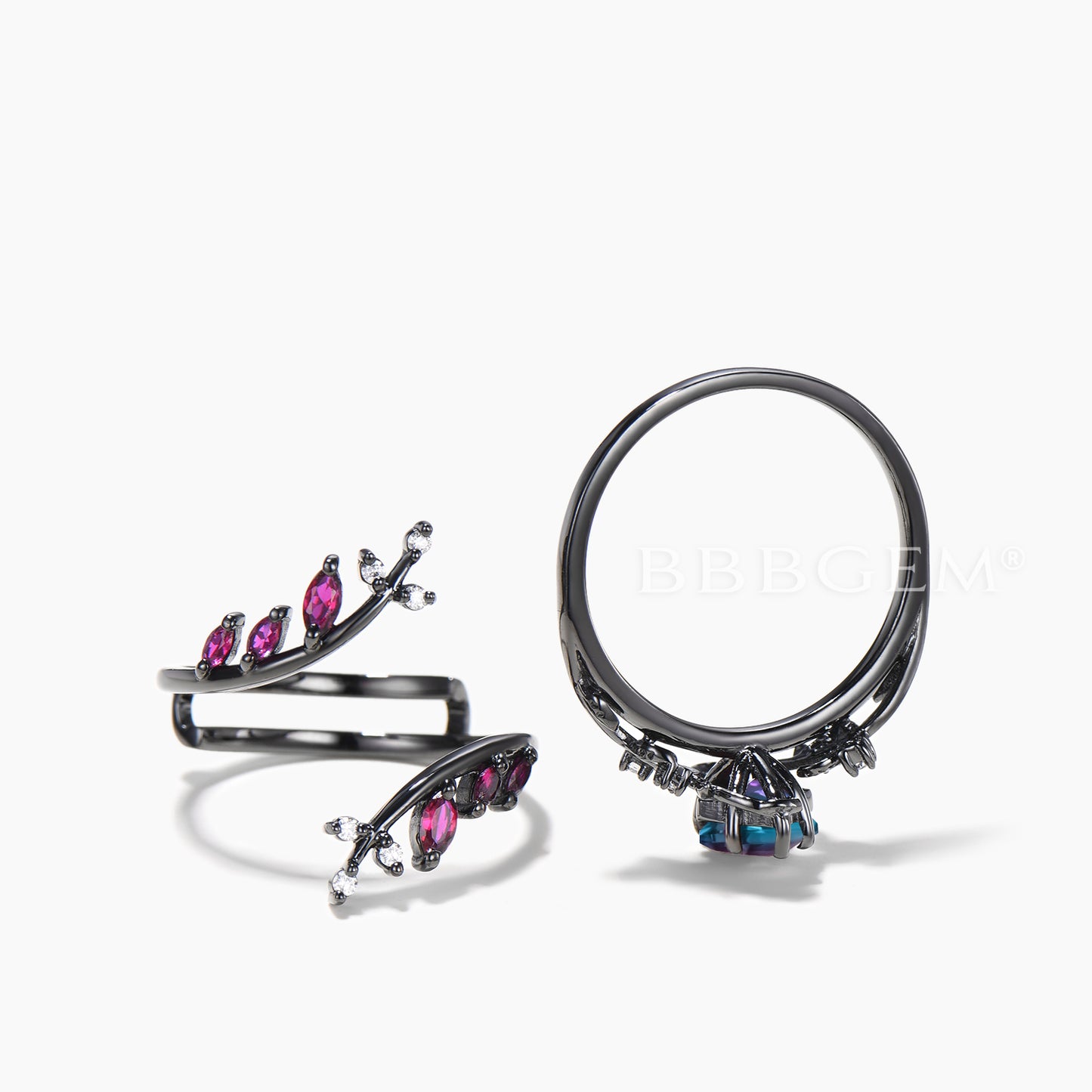 Kite Cut Color-change Alexandrite Ring Ruby Twig Band Enhancer Bridal Set