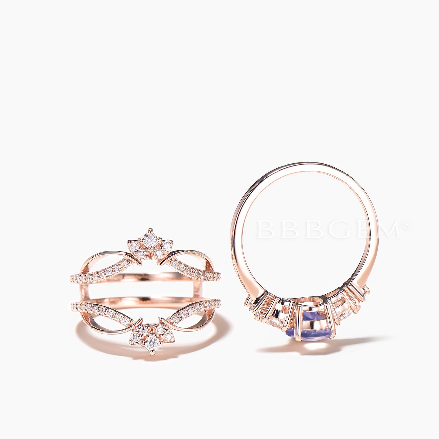 Oval Cut Natural Lavender Amethyst Ring Moissanite Nesting Band Enhancer Ring Set