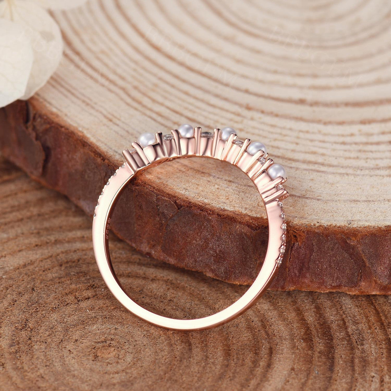 18K Rose Gold Pearl Diamond Band-Pearl and Diamond Wedding Band-Women Stacking Pearl Diamond Ring-V Shape Pearl Diamond Gold Band-BBBGEM Jewelry