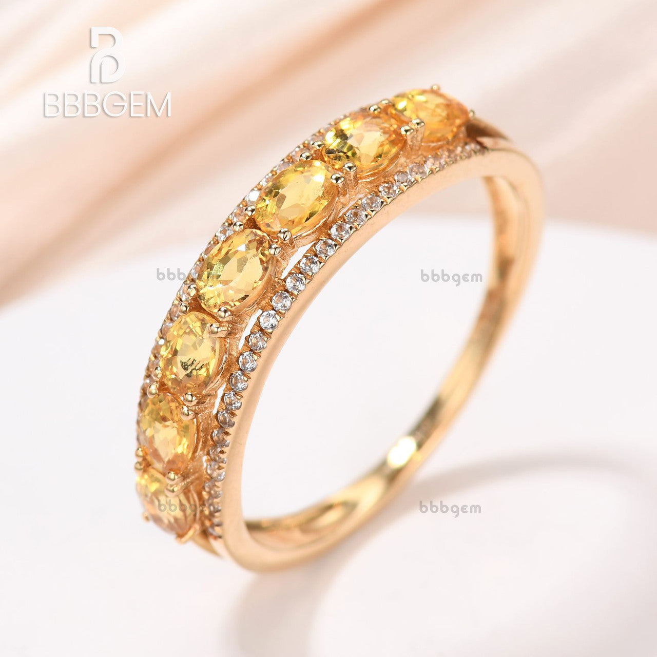 18K Rose Gold Triple Row Yellow Sapphire Anniversary Band with Diamonds-Rose Gold Fancy Yellow Sapphire and White Diamond Band-Diamond Band with Natural Yellow Oval Sapphire-BBBGEM Women Promise Split Shank Band