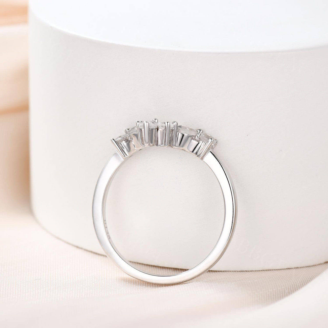 18K White Gold Moonstone Women Stacking Band-Moonstone Curve Wedding Band-Marquise and Round Moonstone Platinum Everyday Ring Band