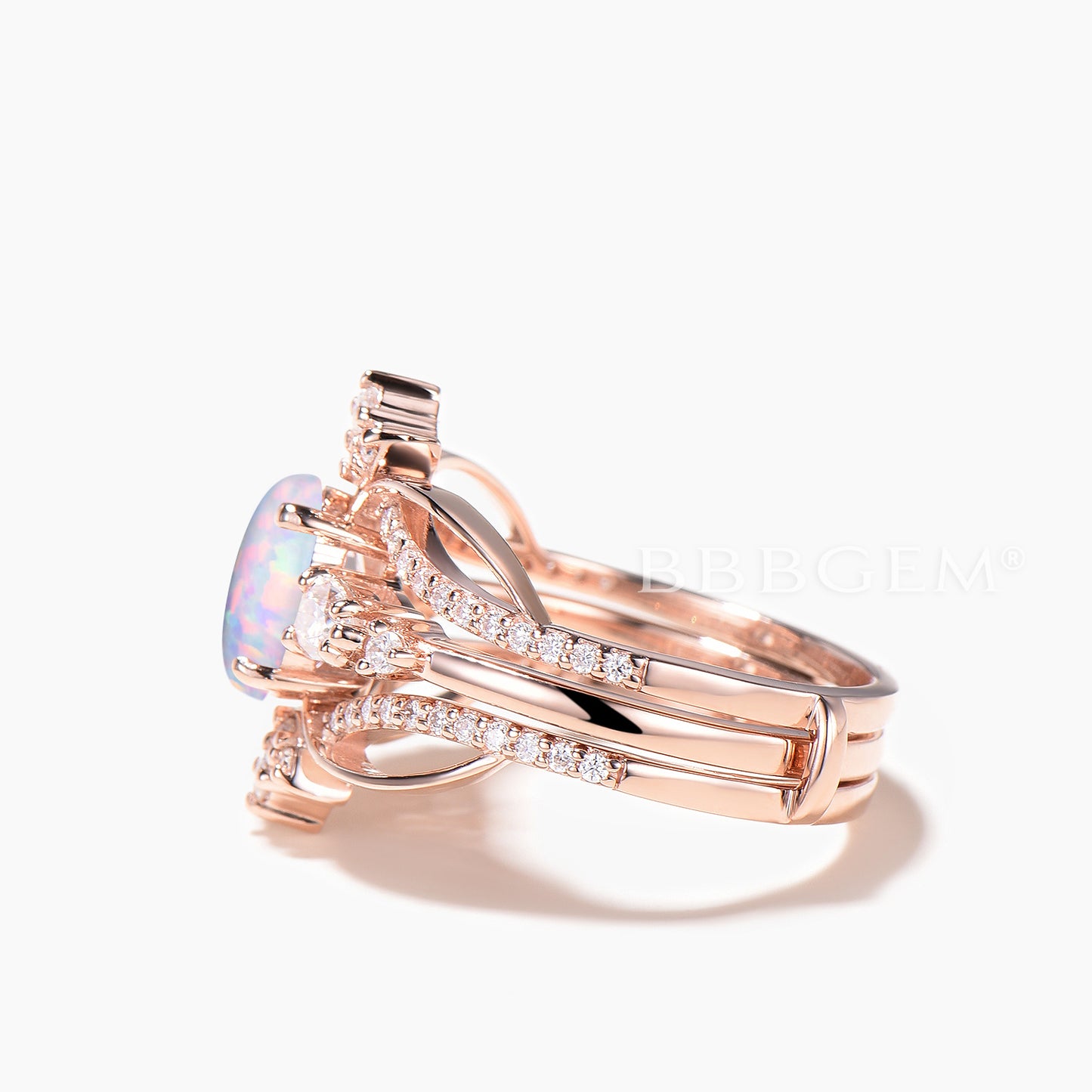 Oval Cut White Opal Engagement Ring Moissanite Ring Enhancer Bridal Set