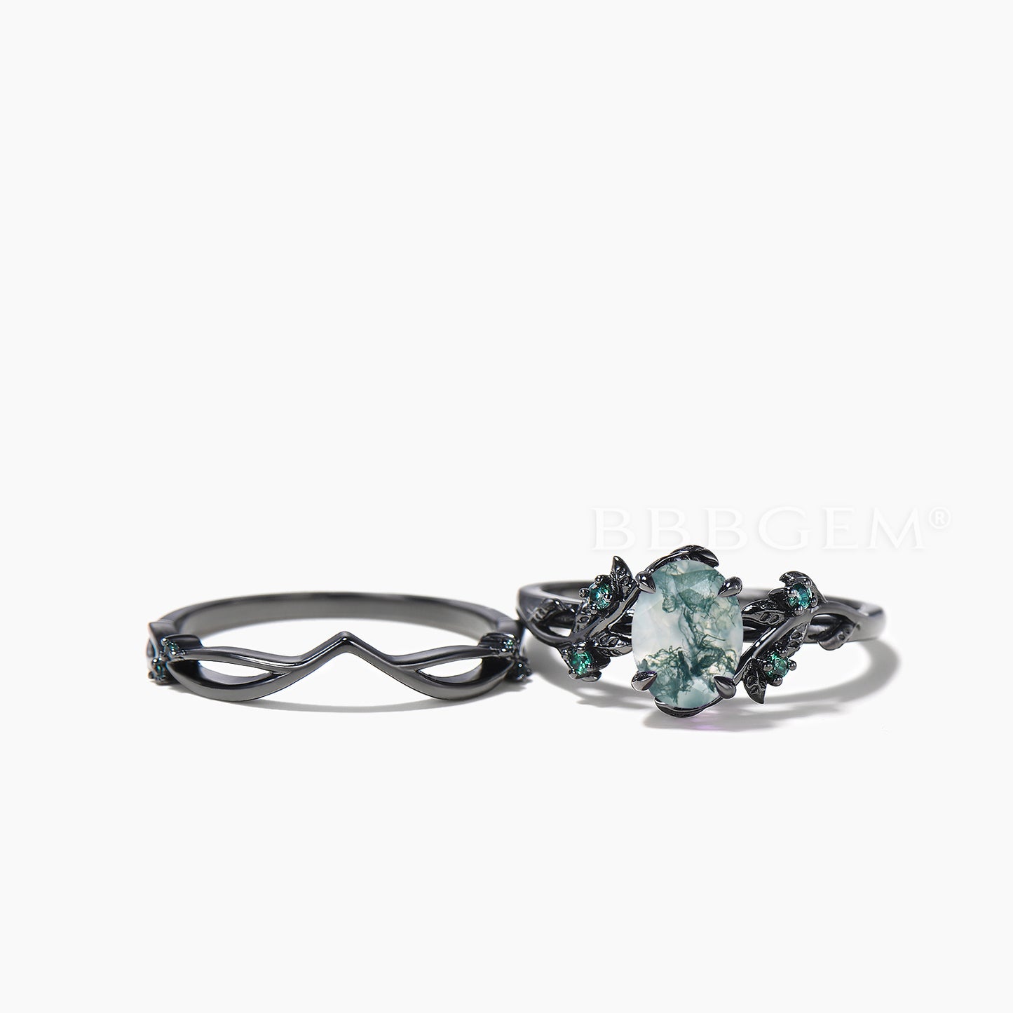 Black Gold Nature Inspired Bridal Set 1.5CT Oval Cut Moss Agate Leaf Wedding Ring
