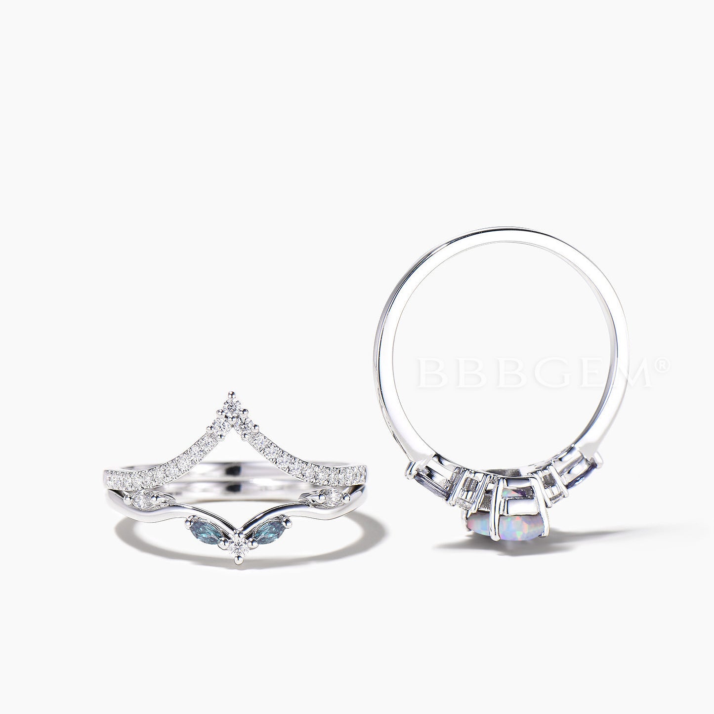 3pcs Coffin Cut White Opal Bridal Set Diamond Alexandrite Cluster Engagement Ring