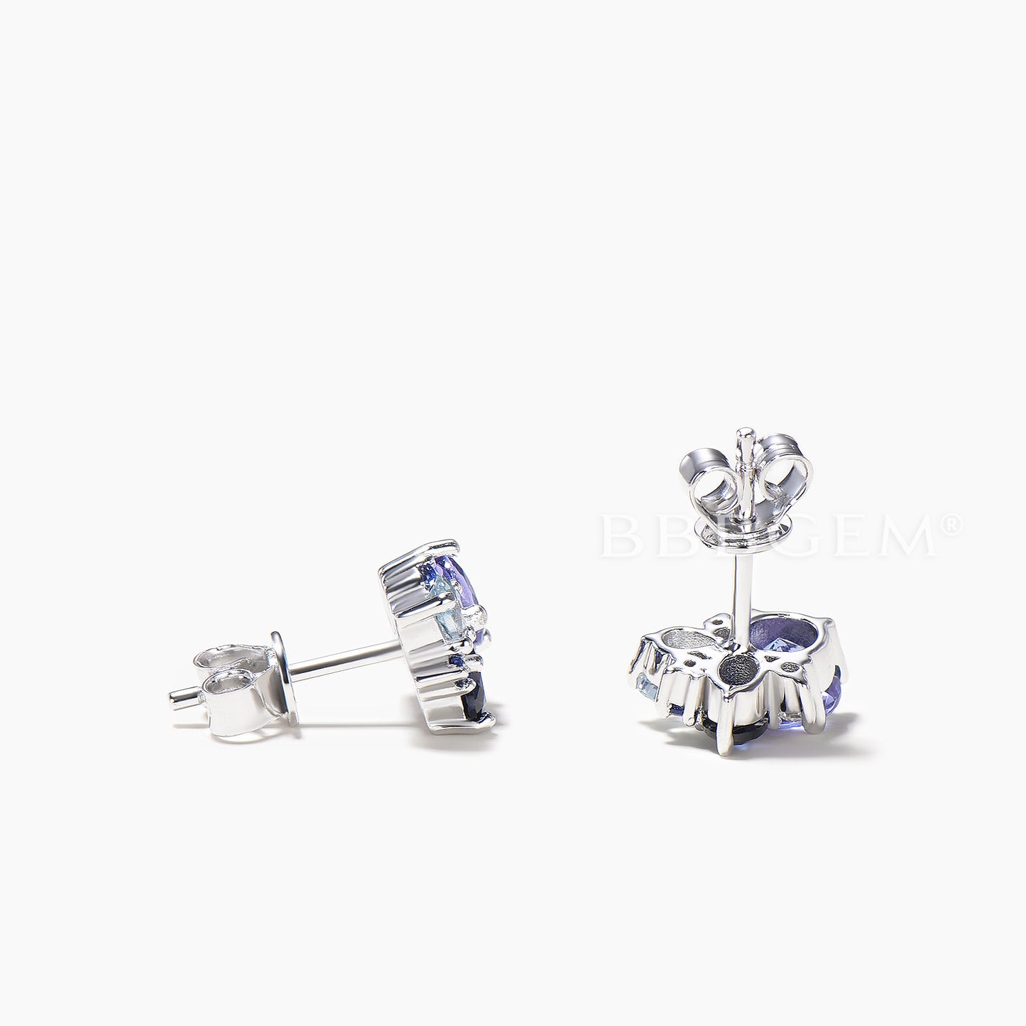 Round Cut Natural Tanzanite Stud Earrings Aquamarine Sapphire Cluster Earrings