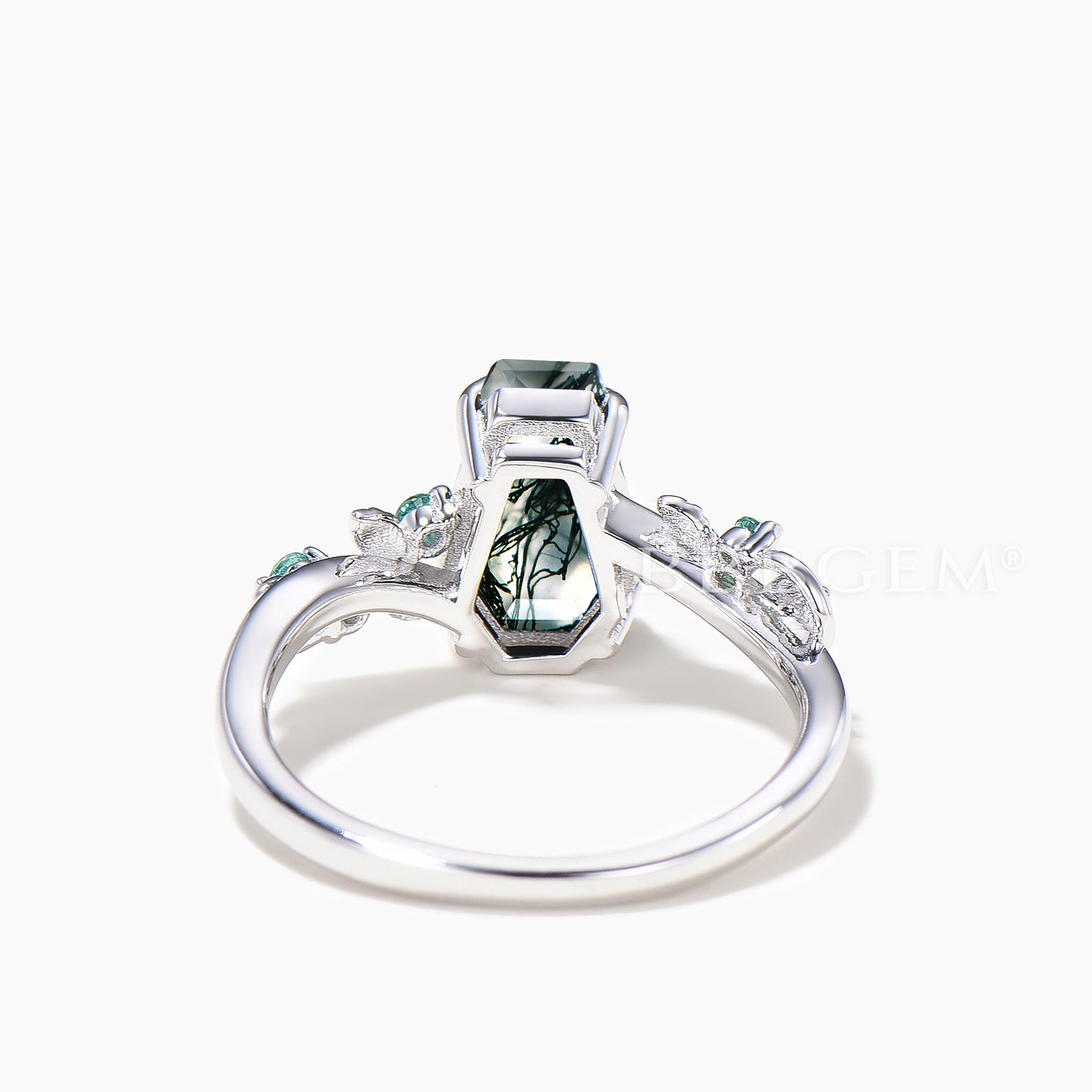 Nature Inspired Ring Coffin Cut Natural Moss Agate Emerald Engagement Ring