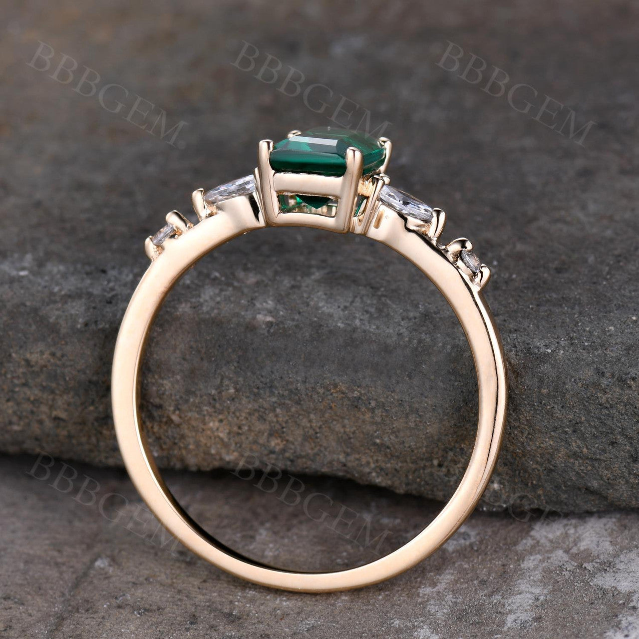 Yellow Gold Emerald Engagement Rings-Moissanite Lab Emerald Gold Rings