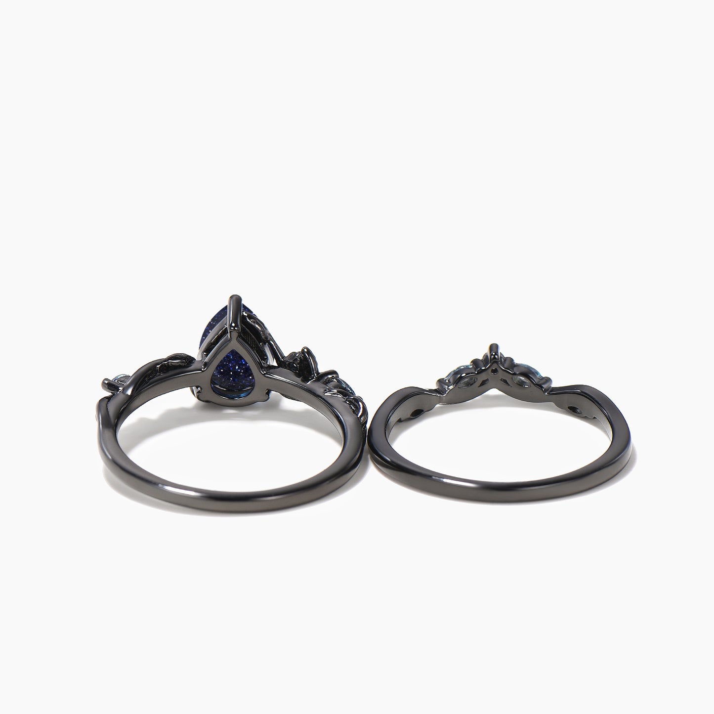 Black Gold Teardrop Cut Blue Sandstone Ring Alexandrite Nature Inspired Bridal Set