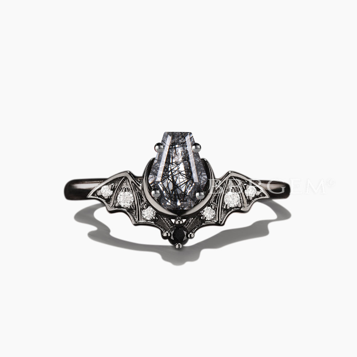 Retro Coffin Cut Natural Black Rutilated Quartz Gothic Bat Wedding Ring