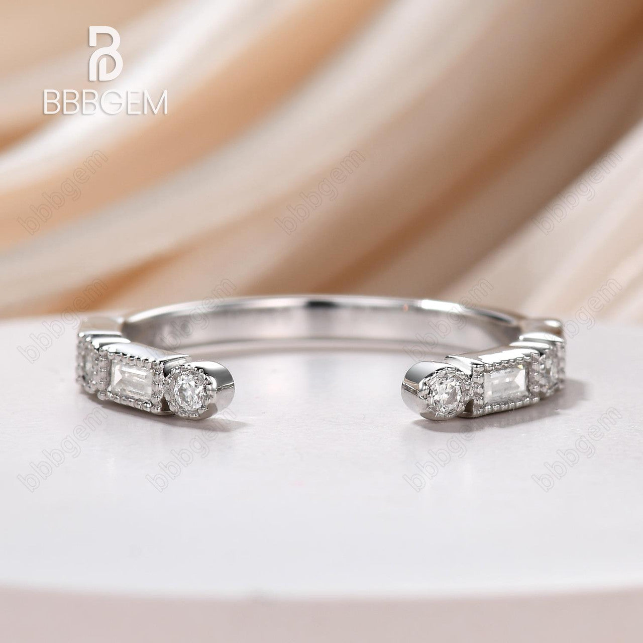 Half Eternity Diamond/Moissanite Rose Gold Engagement Wedding Ring Milgrain Vintage Gap Open Matching Band Women Promise Gift Anniversary