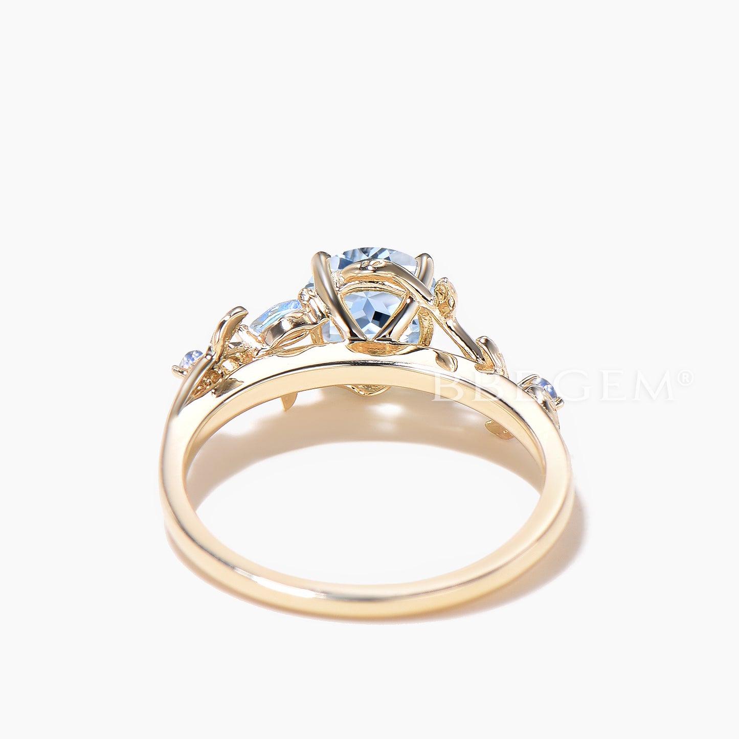 Round Natural Aquamarine Engagement Ring Moonstone Leaf Nature Inspired Ring