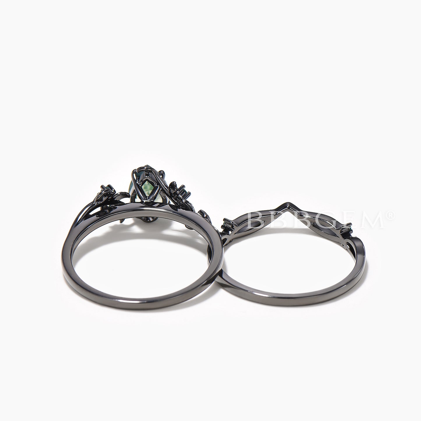 Pear Cut Natural Moss Agate Twisted Black Gold Bridal Set Agate Engagement Ring