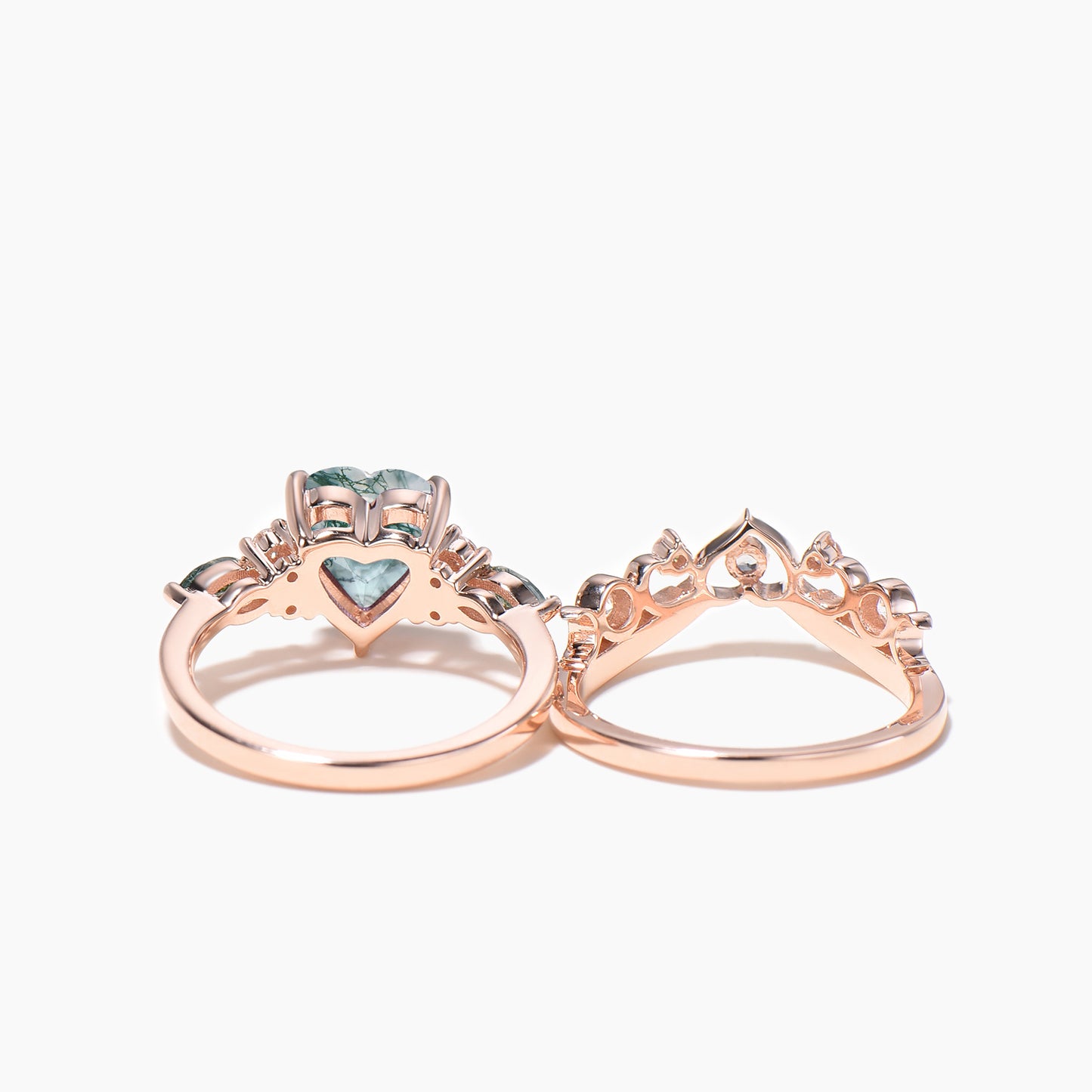 Heart Cut Natural Moss Agate Cluster Engagement Ring Diamond Bridal Set