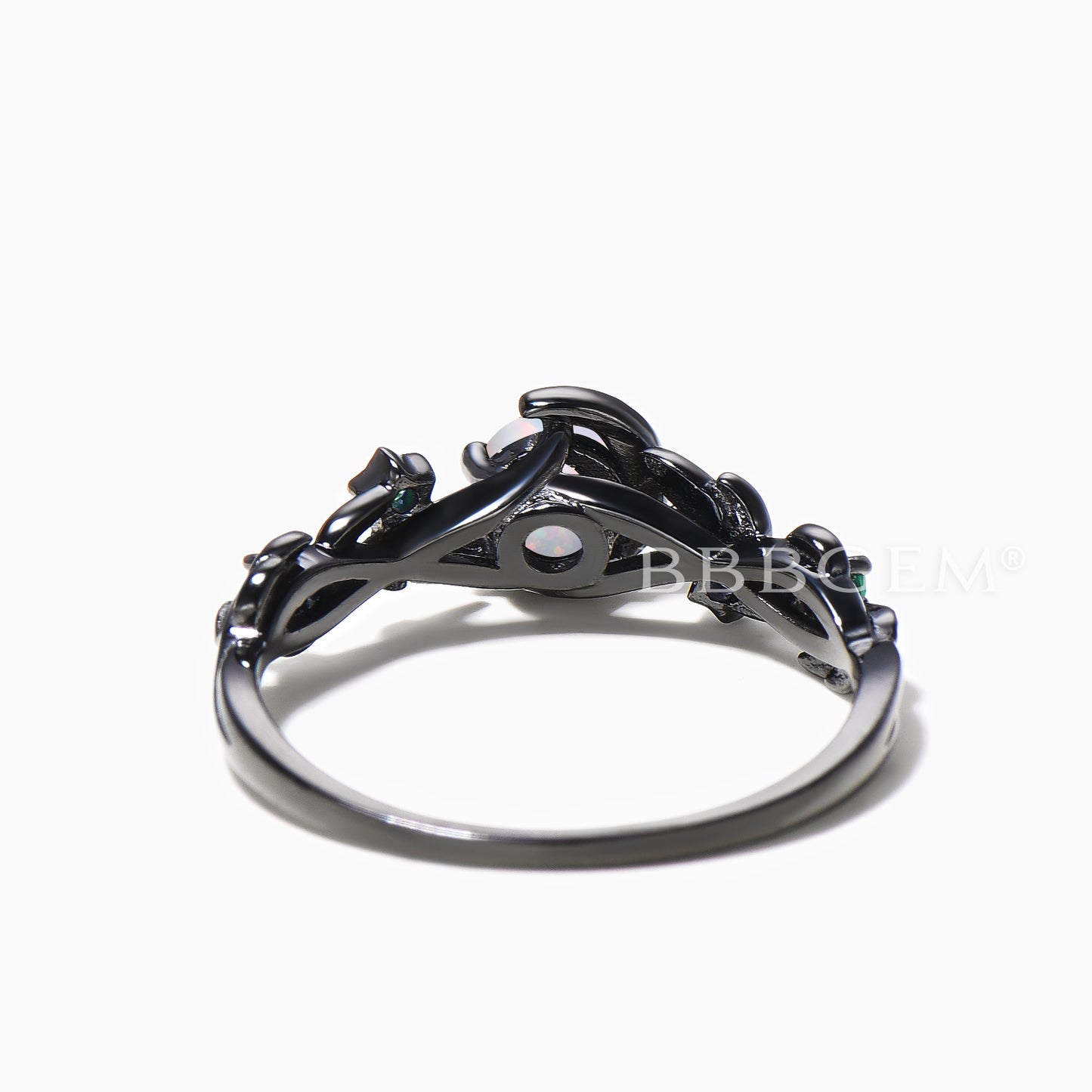 Branch Leaf Vine Black Moon Round White Opal Engagement Ring Black Gold Wedding Ring