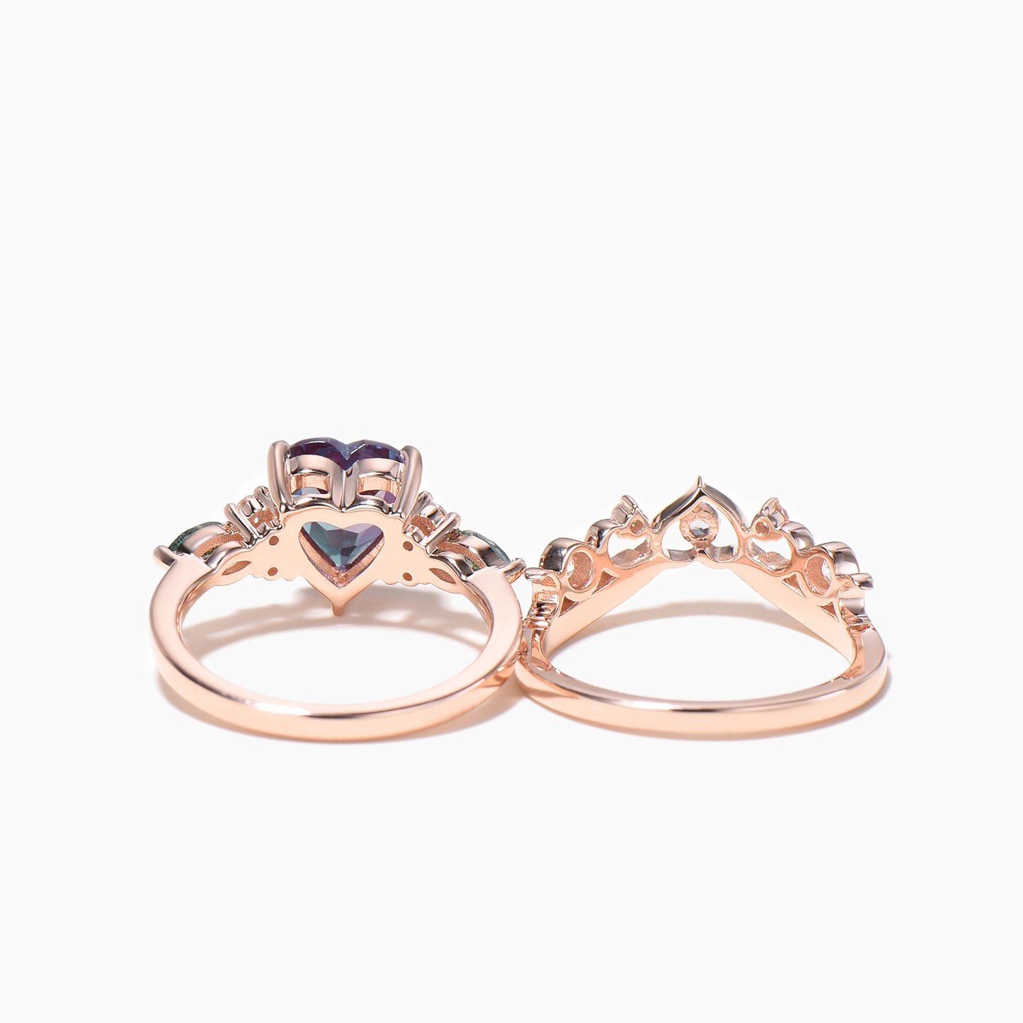 Heart Cut Color-change Alexandrite Bridal Set Moss Agate Diamond Cluster Ring