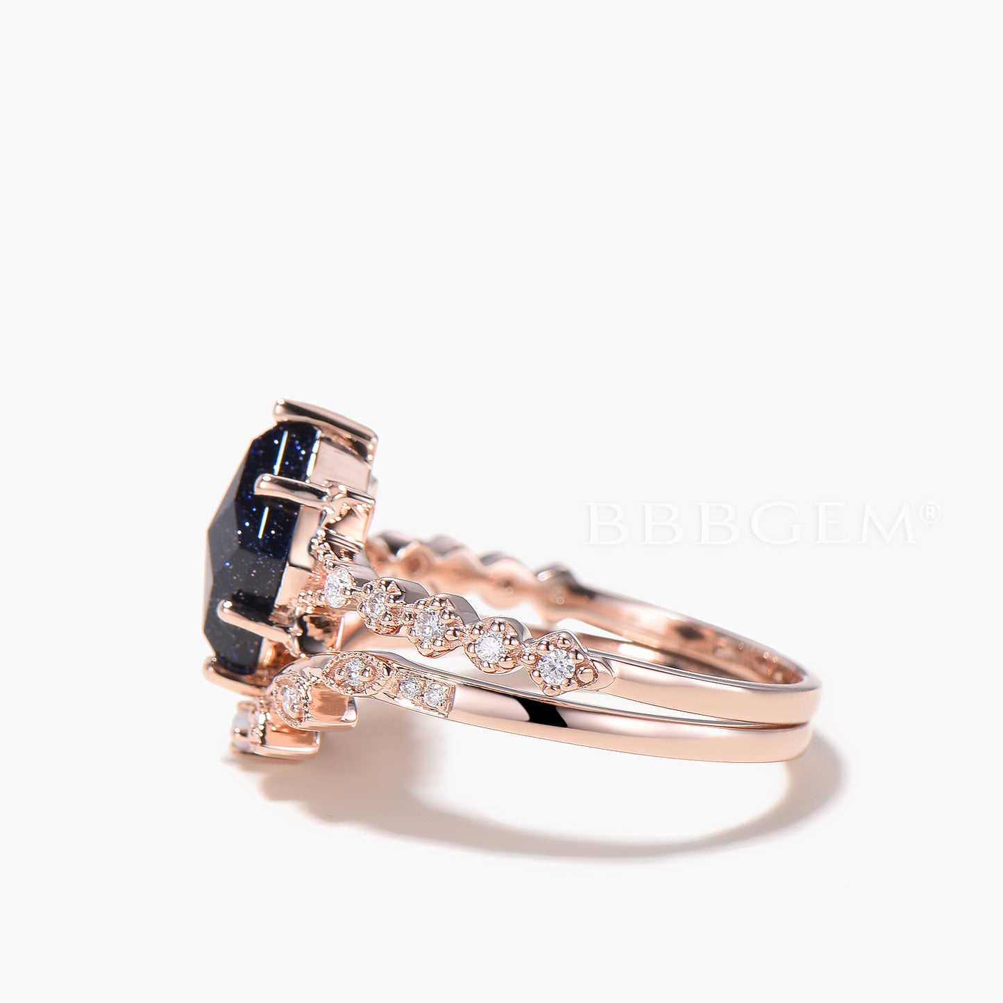 Kite Bridal Set Rhombic Cut Blue Sandstone Engagement Ring Diamond Band