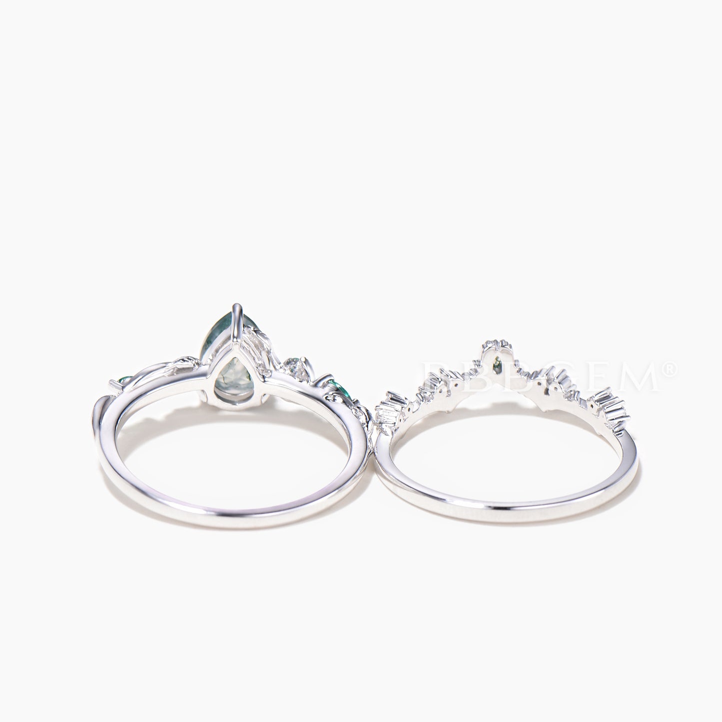 1.25CT Pear Cut Moss Agate Engagement Ring Moissanite Nature Inspired Bridal Set