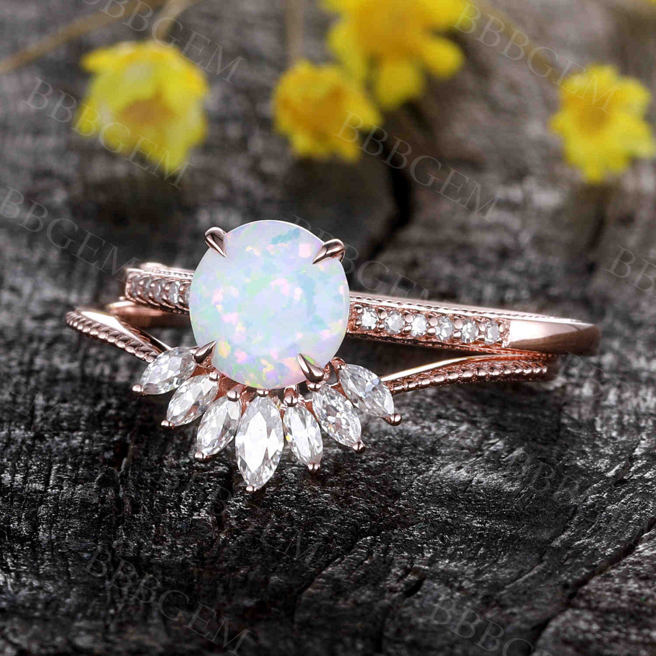 Antique Opal Engagement Ring Set Rose Gold 03