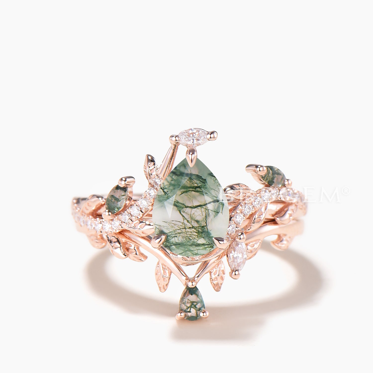 1.25CT Pear Cut Natural Moss Agate Twisted Diamond Leaf Ring Set