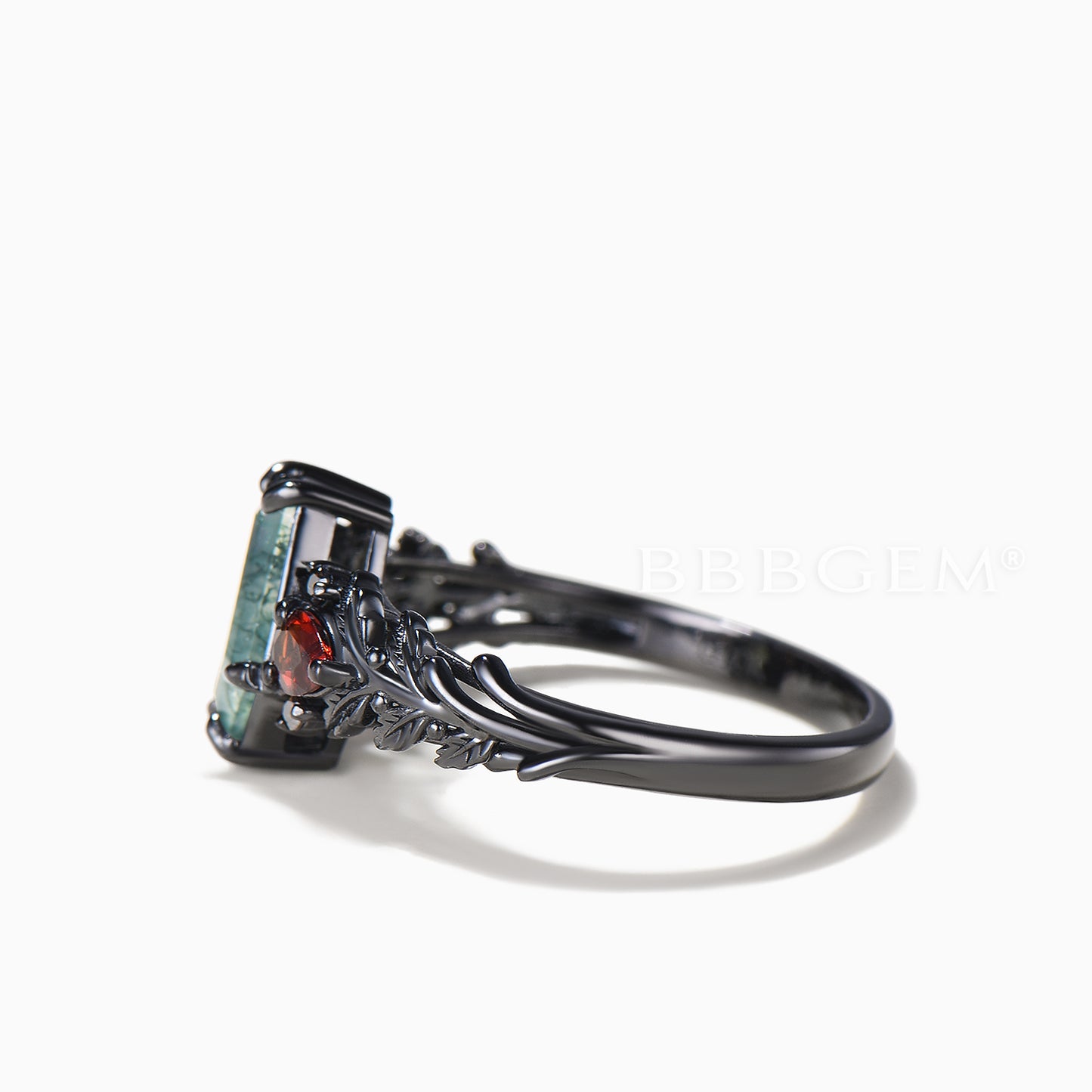 Coffin Moss Agate Leaf Engagement Ring Moissanite Garnet Gothic Black Gold Ring