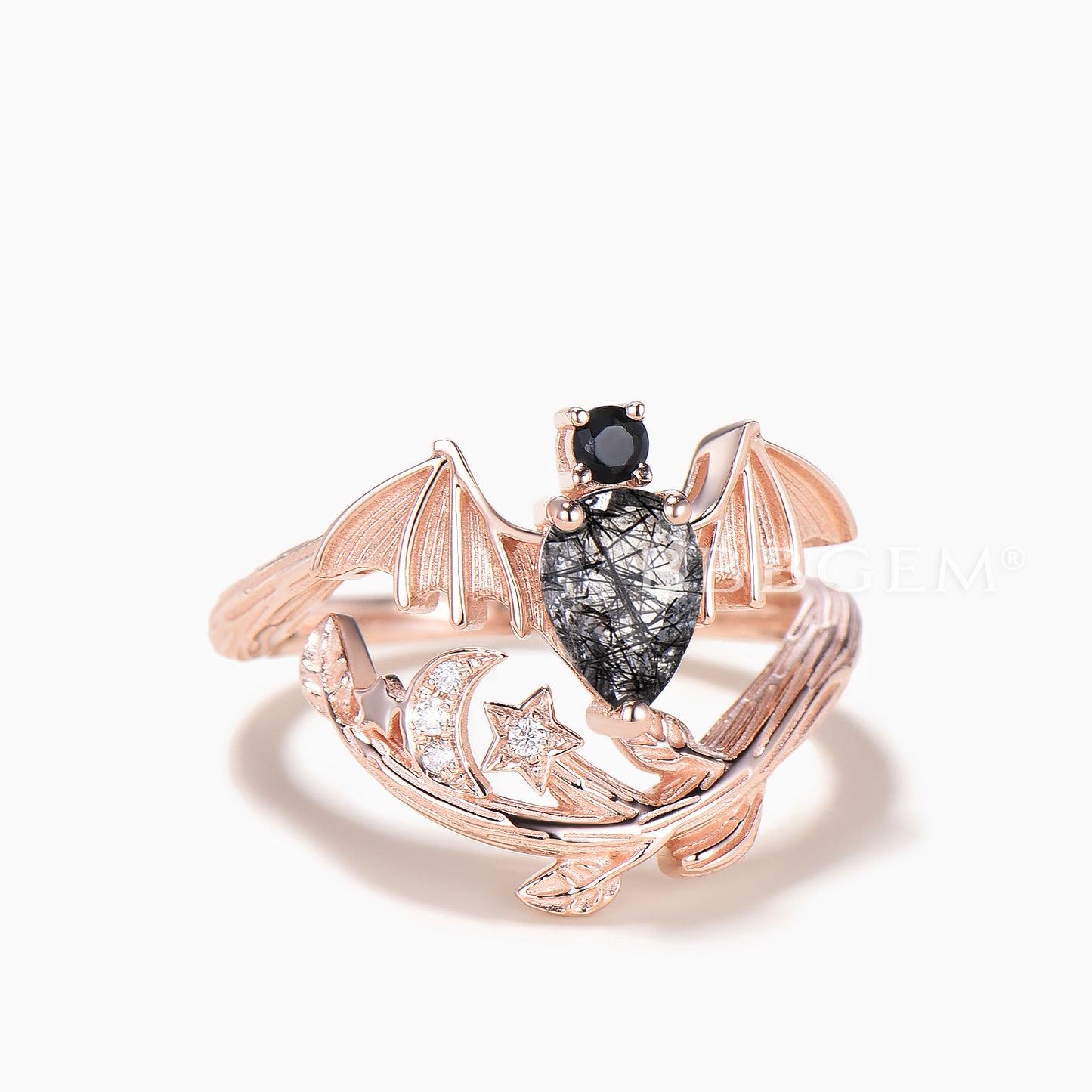 Pear Cut Black Rutilated Quartz Bat Engagement Ring Diamond Leaf Accent Moon Ring