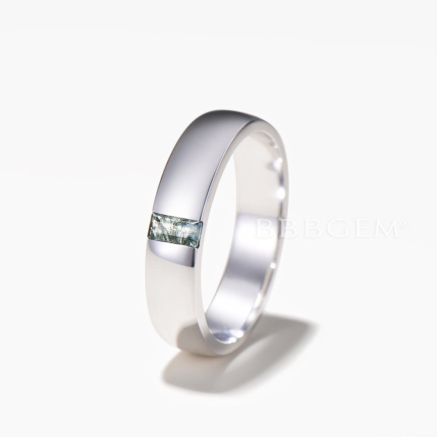 Unique Baguette Moss Agate Mens Yellow Gold Wedding Band 5mm