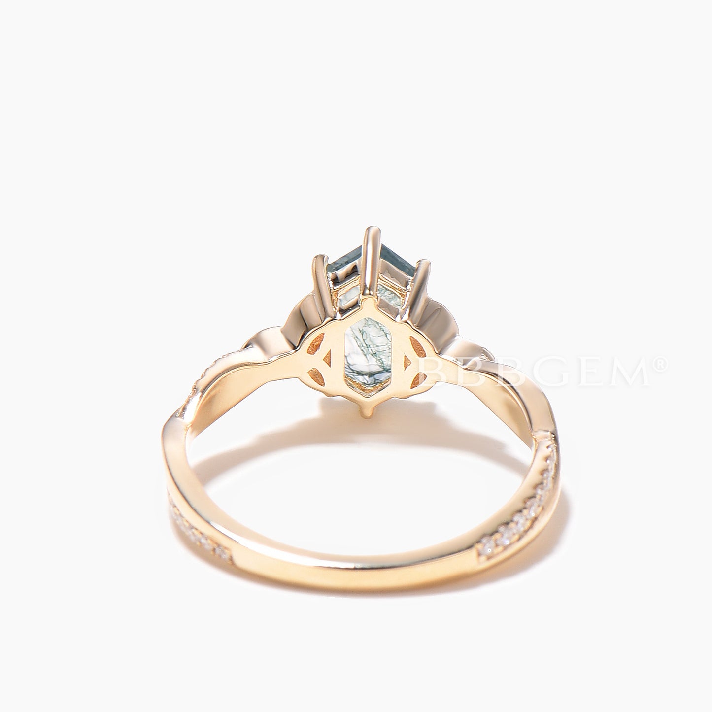 Hexagon Cut Natural Moss Agate Celtic Knot Wedding Ring Diamond Twisted Ring