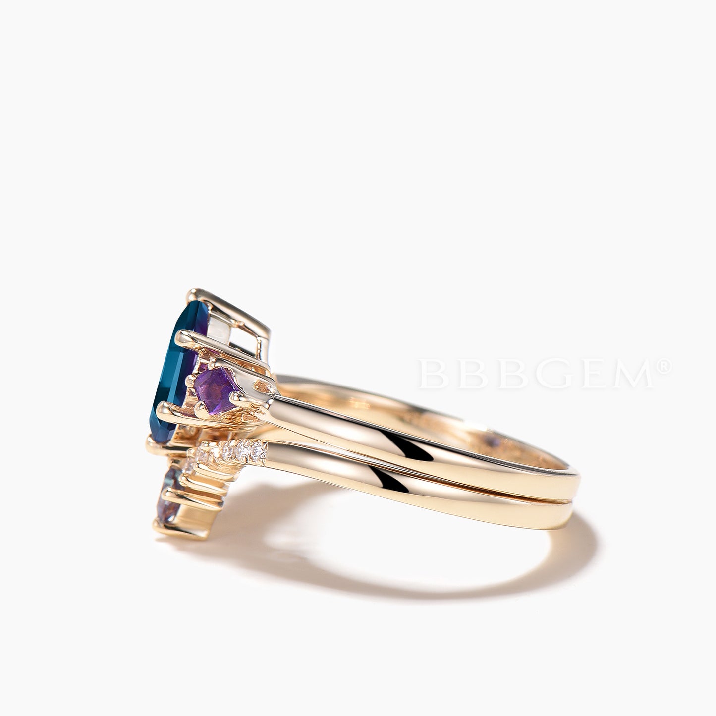 Hexagon Cut Color-change Alexandrite Bridal Set Amethyst Three Stone Ring
