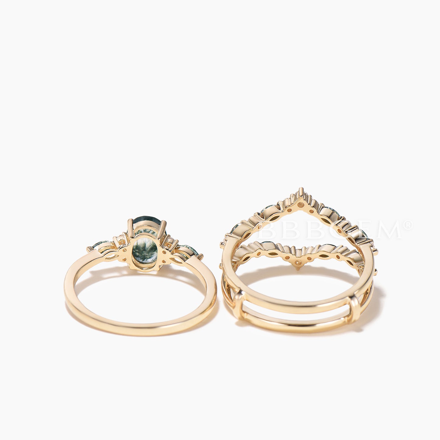 Oval Cut Natural Moss Agate Wedding Ring Diamond Band Enhancer Agate Bridal Set