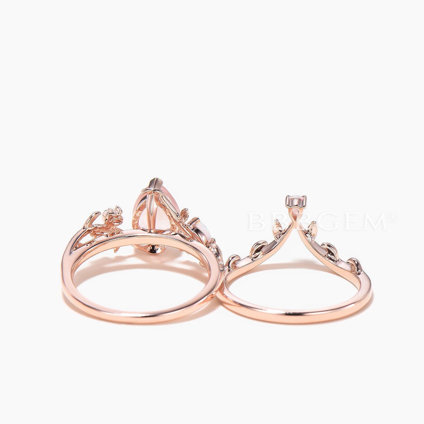 1.25CT Pear Cut Rose Quartz Engagement Ring Opal Nature Inspired Bridal Set