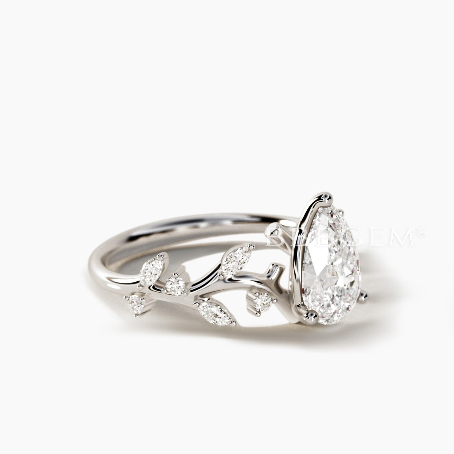 Teardrop Cut Lab Grown Diamond Twig Vine Wedding Ring with IGI Certificate