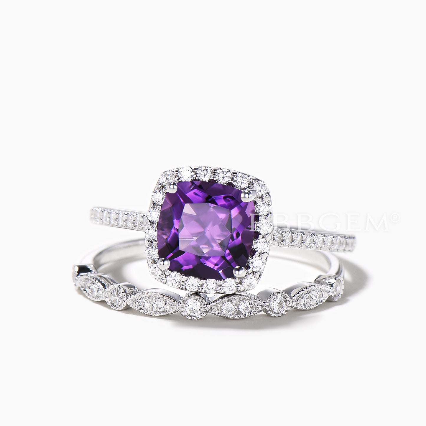 2pcs 8mm Cushion Amethyst Halo Engagement Ring Diamond Milgrain Bridal Ring