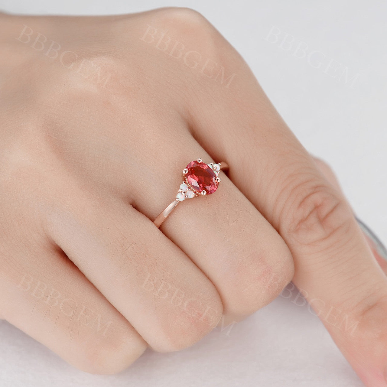 1 Carat Padparadscha Sapphire Ring Three Opal Stone