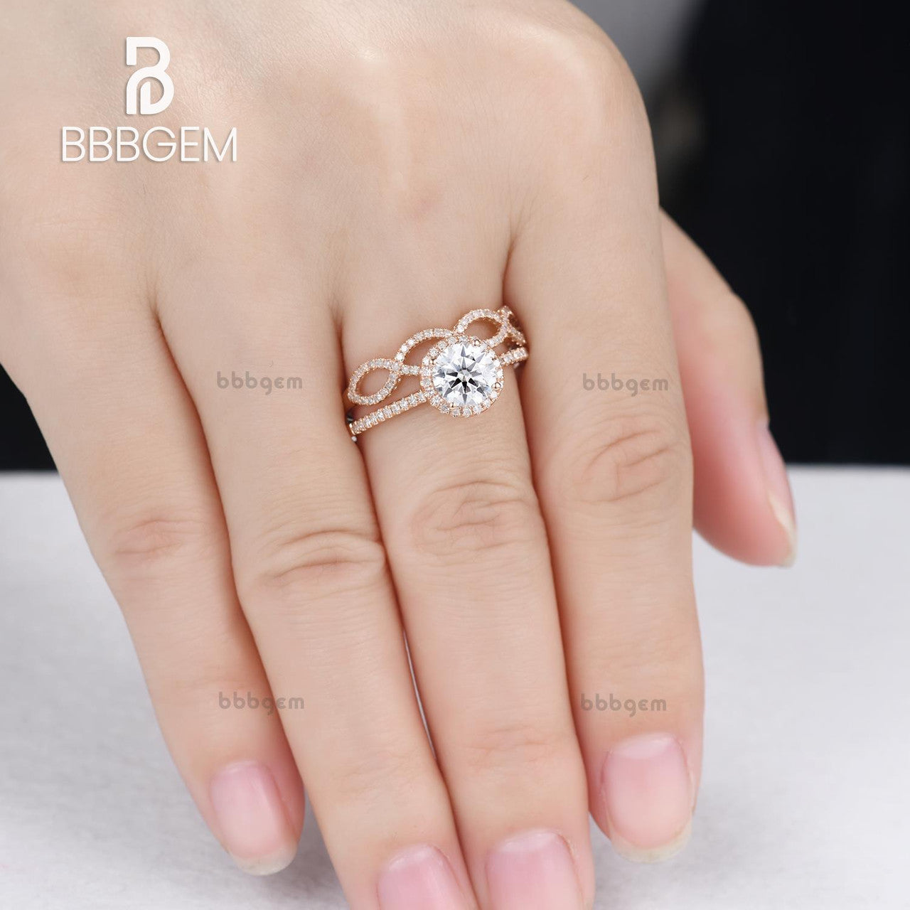1 Carat Round Moissanite Wedding Sets 14k Rose Gold Diamond Bridal Ring Loop Infinity Stacking Matching Band