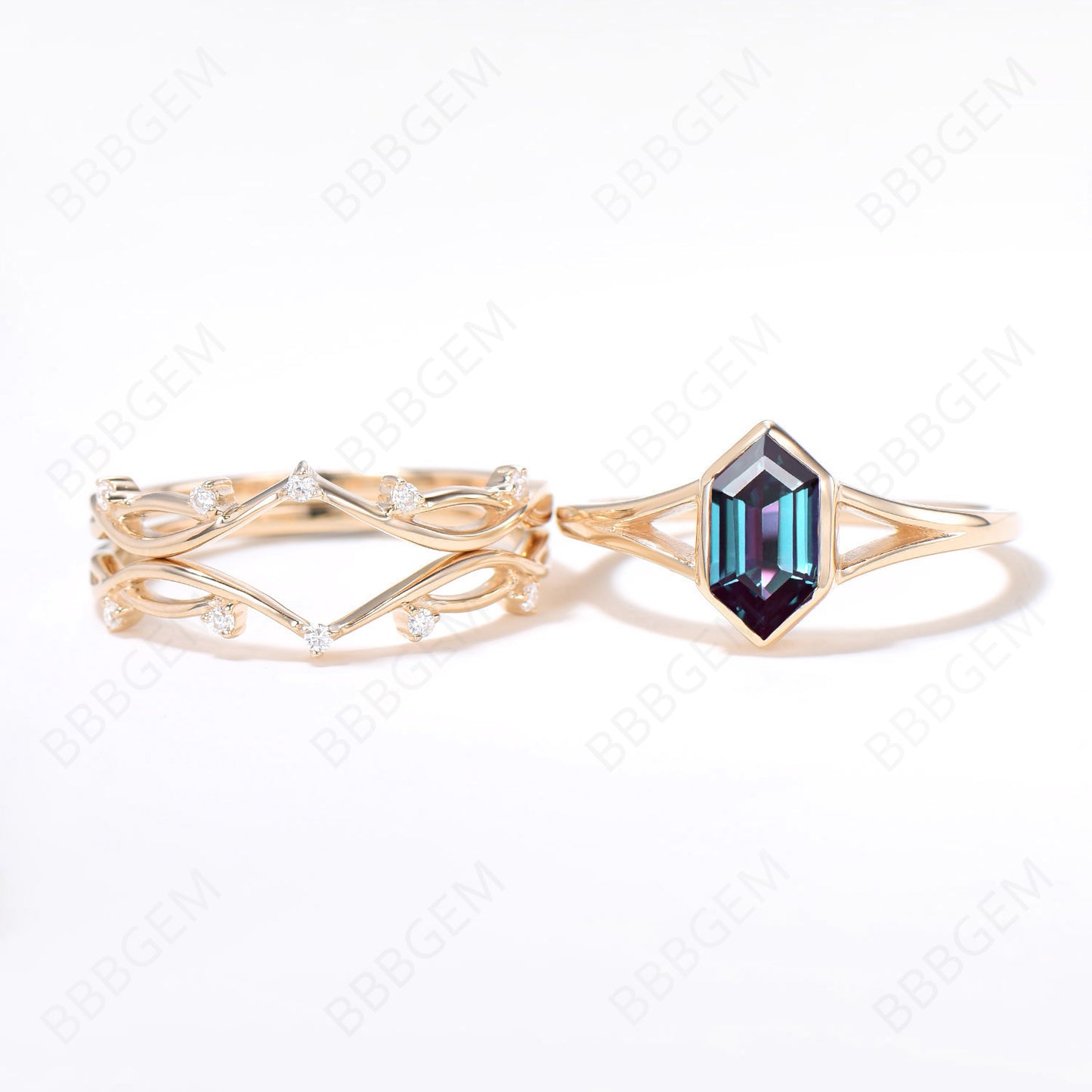 Long Hexagon Cut Alexandrite Engagement Ring Set Split Shank Alexandrite Wedding Ring 14k Solid Gold 3Pcs Diamond Bridal Set Anniversary Gift