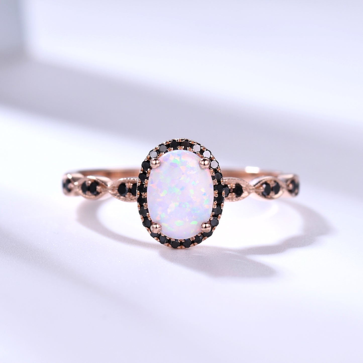 Unique Opal and Black Diamond Engagement Ring Rose Gold Art Deco Milgrain