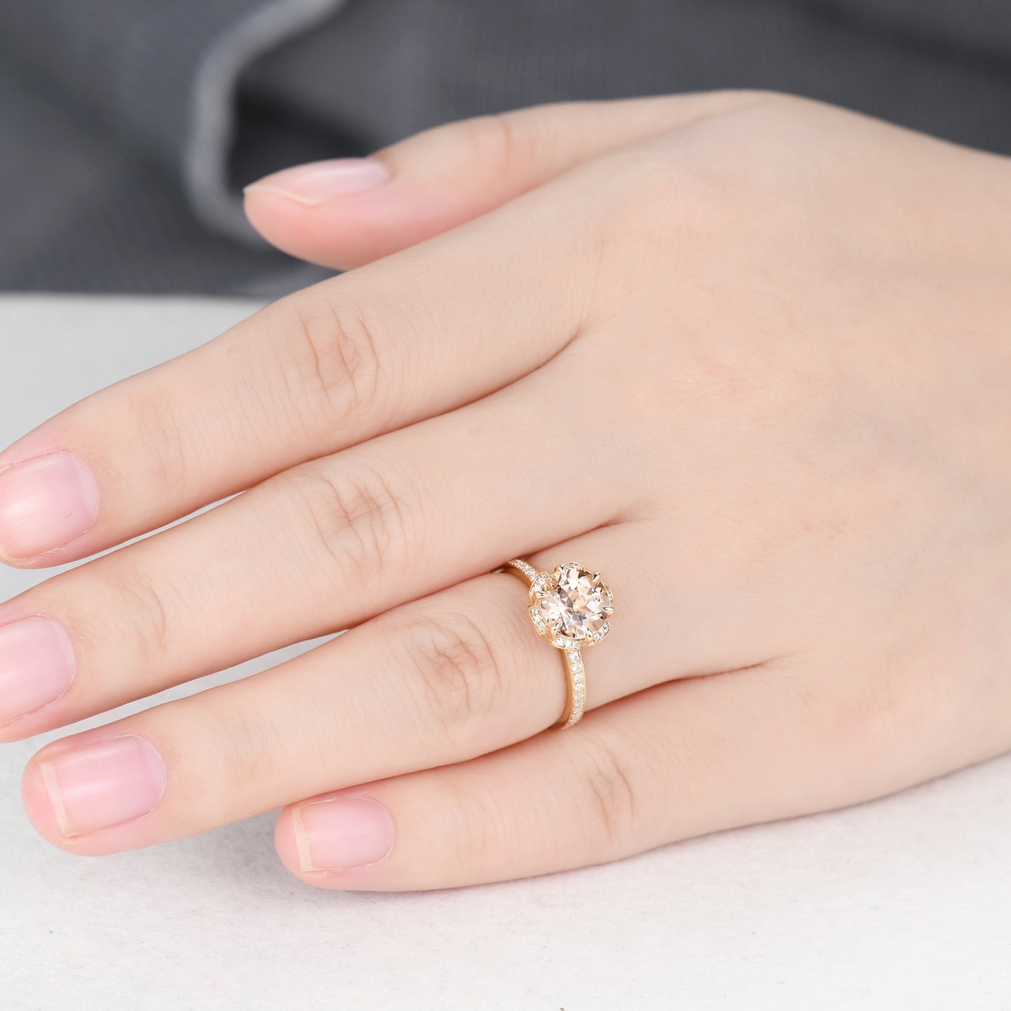 Floral 7mm Round Cut Natural Morganite Engagement Ring Diamond Hidden Halo Crown