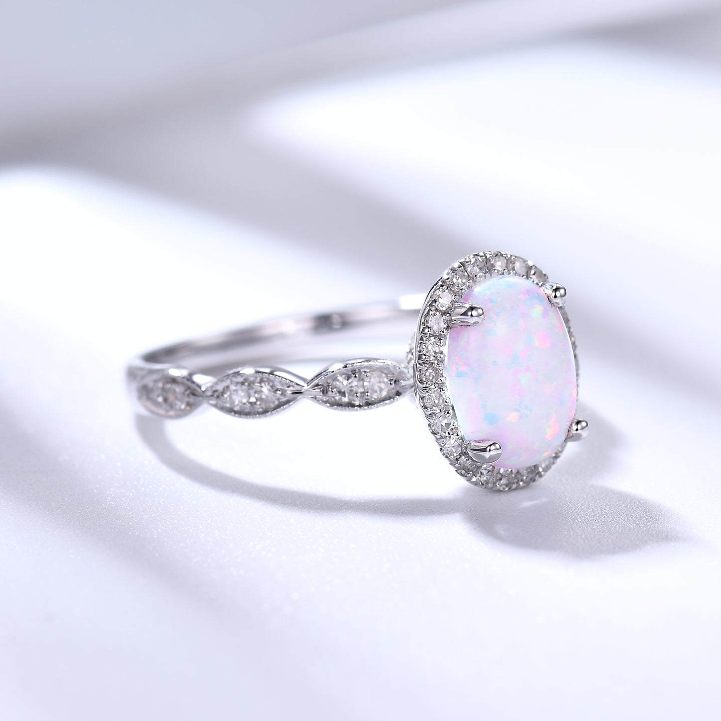 Classic Opal Engagement Ring Diamond Halo Art Deco 7x9mm Cut Oval Gemstone Ring